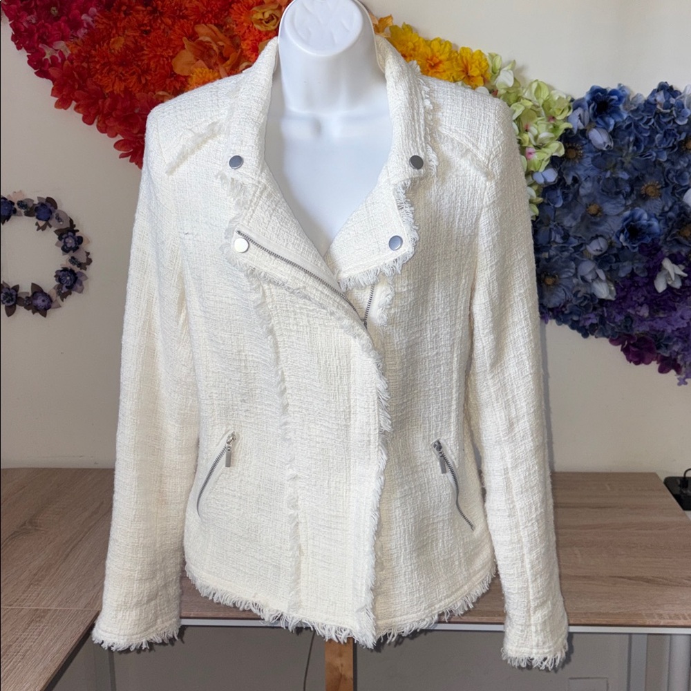Carolina Belle Montreal White Edgy Tweed Frayed Trim Moto Jacket Blazer - Picture 3 of 13